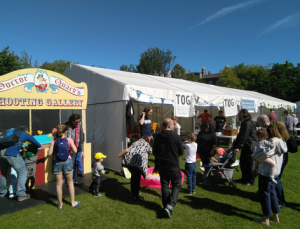 A duck shooting stand and tent with TOG's stall at Dublin Maker in sunny Dublin