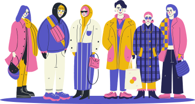 A colourful graphic of people wearing various coats and bags, just standing around