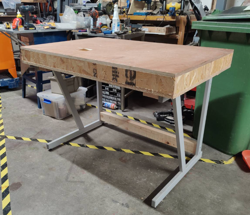 A metal legged table with a box top made from OSB and a nice bit of ply