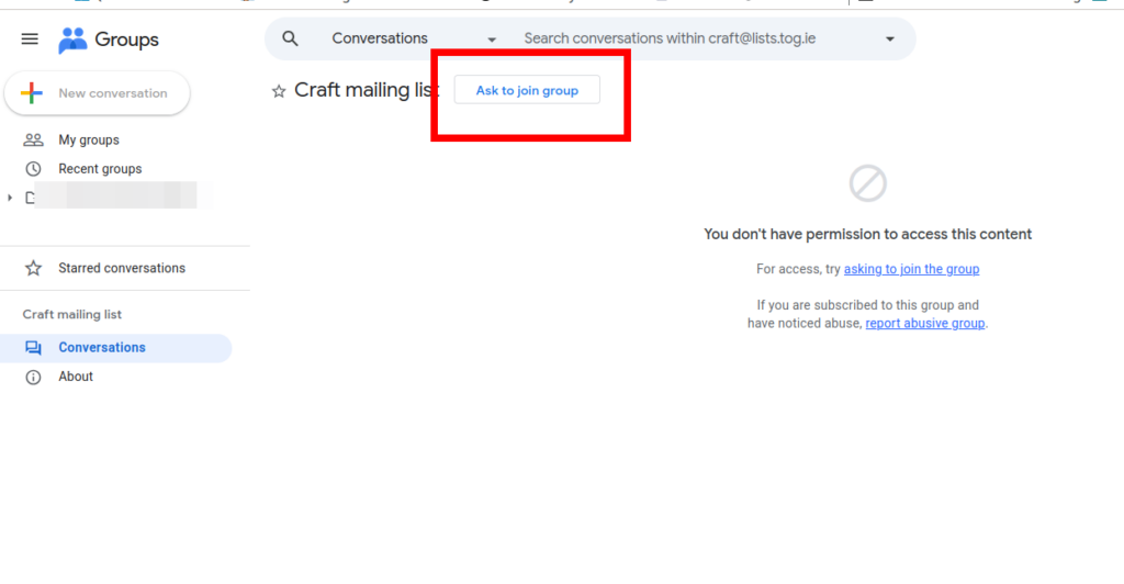 A screenshot of a googlegroups screen with a box highlighting the "Ask to join group" button