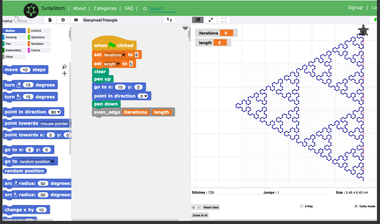 A screenshot of a turtlestitch program for generating a Sierpinski triangle with the generated output